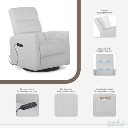 Reevo Upholstered Faux Leather Glider Chair with Swivel, Rocker, and Massage Features for Modern Nurseries - Misty Grey, Tool-Free Assembly, Easy to Clean, Eco-Friendly Design