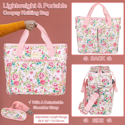 Large Crochet Bag Knitting Bags and Totes Organizer, Traveling Crochet Bags Yarn Bag for Carrying Crochet Hooks, Knitting Kit, Skein Yarn Wool, Project, Knitting & Crochet Supplies, Pink Flower