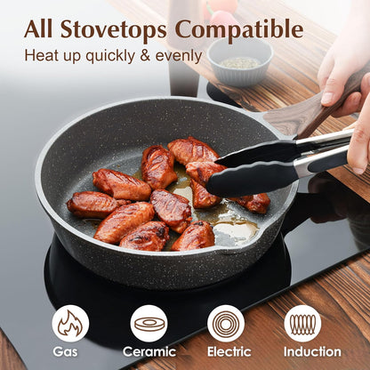 Nonstick Skillet, Deep Frying Pan 10/11/12-Inch, Saute Pan with Lid, Stay-Cool Handle, Healthy Stone Cookware Cooking Pan, Induction Compatible (10-Inch/3.5Qt)
