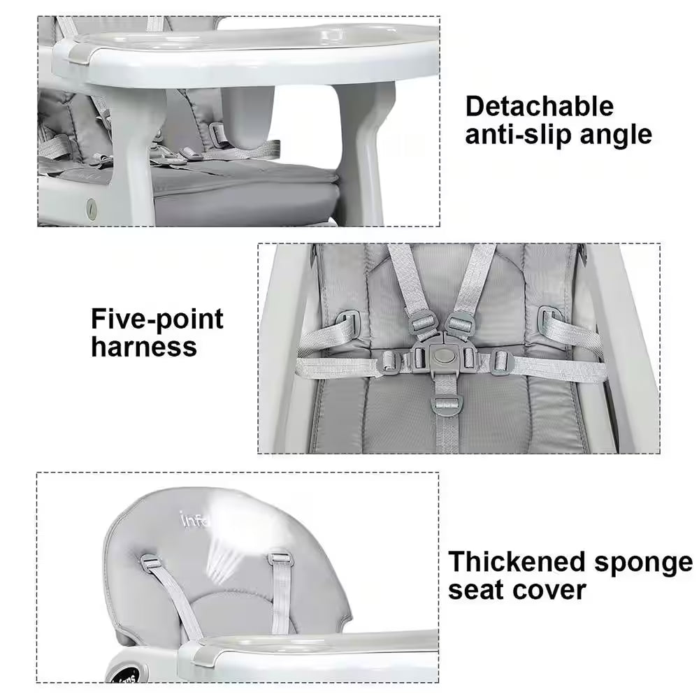 Adjustable 3-in-1 Grey Plastic Baby High Chair with Detachable Trays