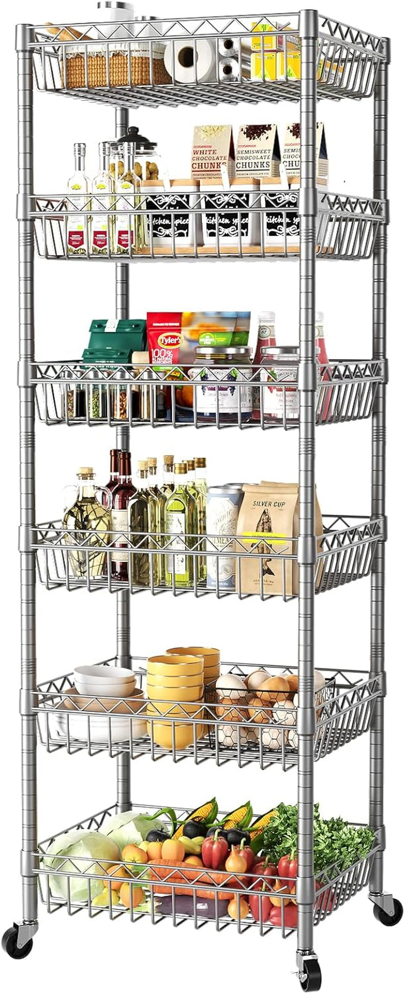 Adjustable Metal Wire Shelving Unit with Wheels for Kitchen, Laundry, and Pantry Organization - 13.5" D x 13.5" W x 63" H - Silver Finish