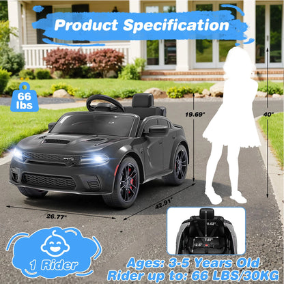 Dodge Licensed 12V Electric Ride-On Car for Kids - Charger SRT Hellcat with Parental Remote Control, Music Player, LED Lights, and Safety Belt, Black