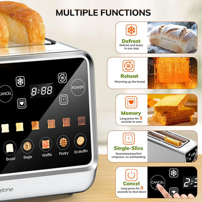 Toaster 4 Slice, Digital Smart Toaster with Touchscreen, Memory Function, Single Slot Toasting, Timer, Reheat & Defrost for Bagels, Bread, Waffles, Muffin, Stainless Steel Kitchen Essentials