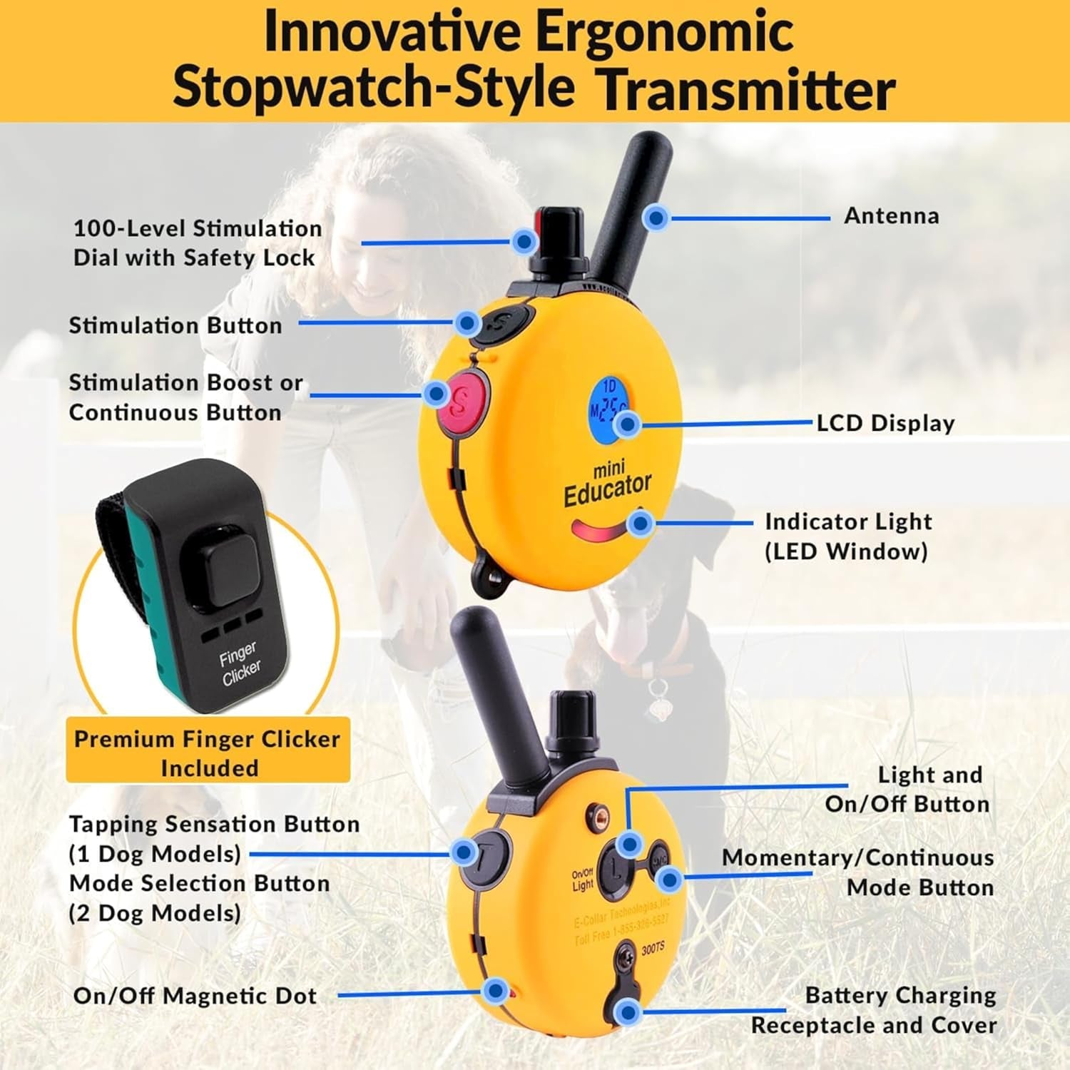ET-300 Mini  E-Collar Humane Dog Training Collar with Remote & Night Light–100 Levels Gentle Tapping Stimulation, Waterproof & Rechargeable–1/2 Mile Range–For 1 Small to Medium Dog–Yellow