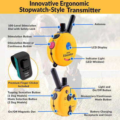 ET-300 Mini  E-Collar Humane Dog Training Collar with Remote & Night Light–100 Levels Gentle Tapping Stimulation, Waterproof & Rechargeable–1/2 Mile Range–For 1 Small to Medium Dog–Yellow