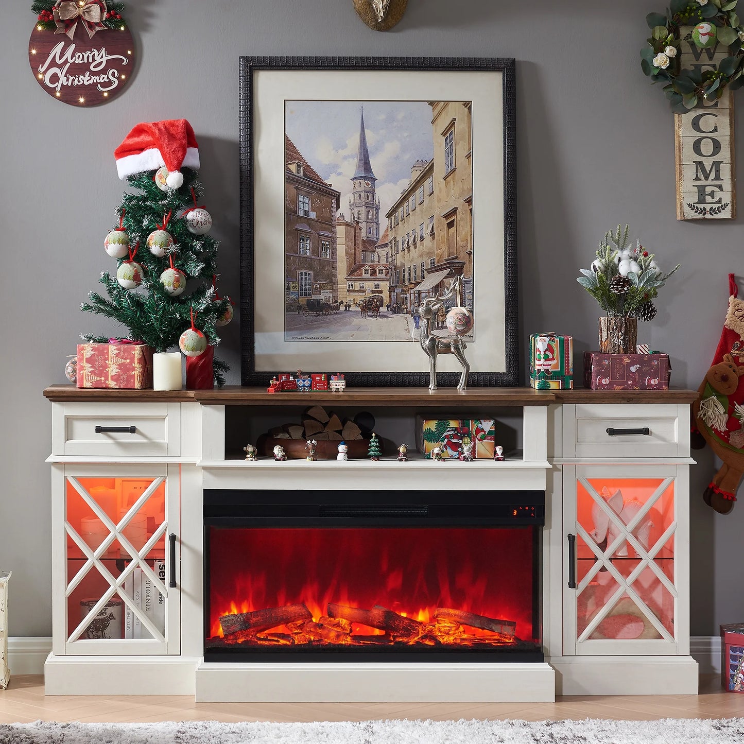 Farmhouse 3-Sided TV Stand with Electric Fireplace for 80" TVs, 70" Entertainment Center with Storage Drawers in Antique White