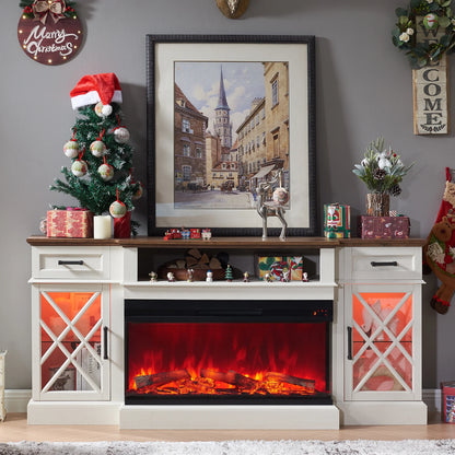 Farmhouse 3-Sided TV Stand with Electric Fireplace for 80" TVs, 70" Entertainment Center with Storage Drawers in Antique White