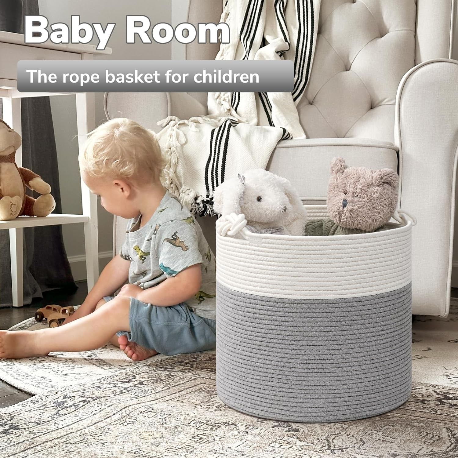 Cotton Rope Storage Basket - 15 x 14.2 Inches - Multi-Purpose Organizer for Baby Laundry and Toys with Handles - Elegant Grey Woven Design for Home Décor and Living Room Organization