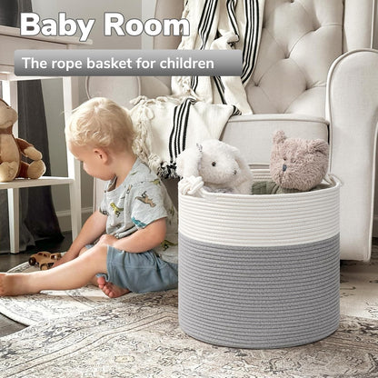 Cotton Rope Storage Basket - 15 x 14.2 Inches - Multi-Purpose Organizer for Baby Laundry and Toys with Handles - Elegant Grey Woven Design for Home Décor and Living Room Organization