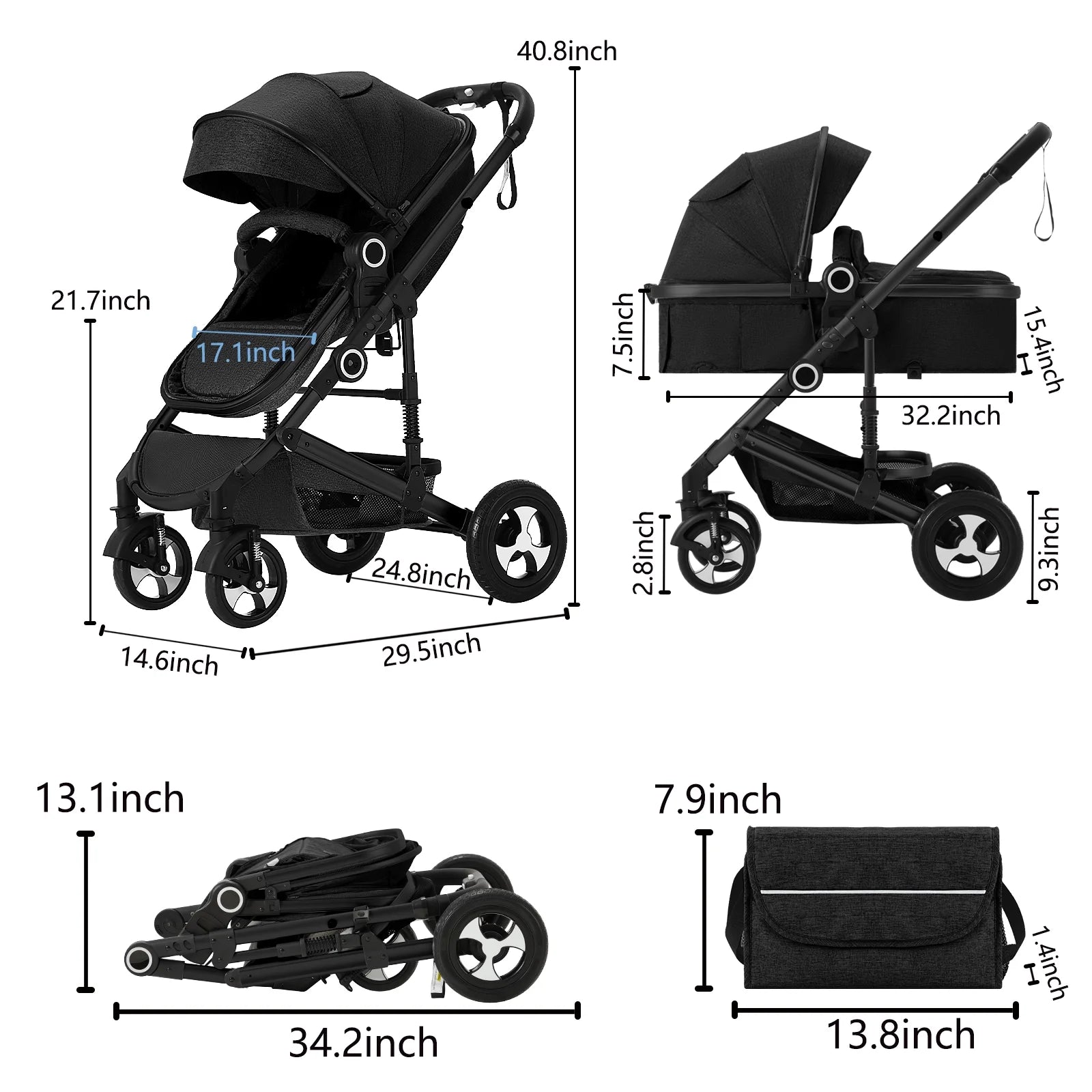 3-in-1 Convertible Baby Stroller with Generous Seating and Adjustable Canopy, 24 lbs, Black