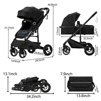 3-in-1 Convertible Baby Stroller with Generous Seating and Adjustable Canopy, 24 lbs, Black