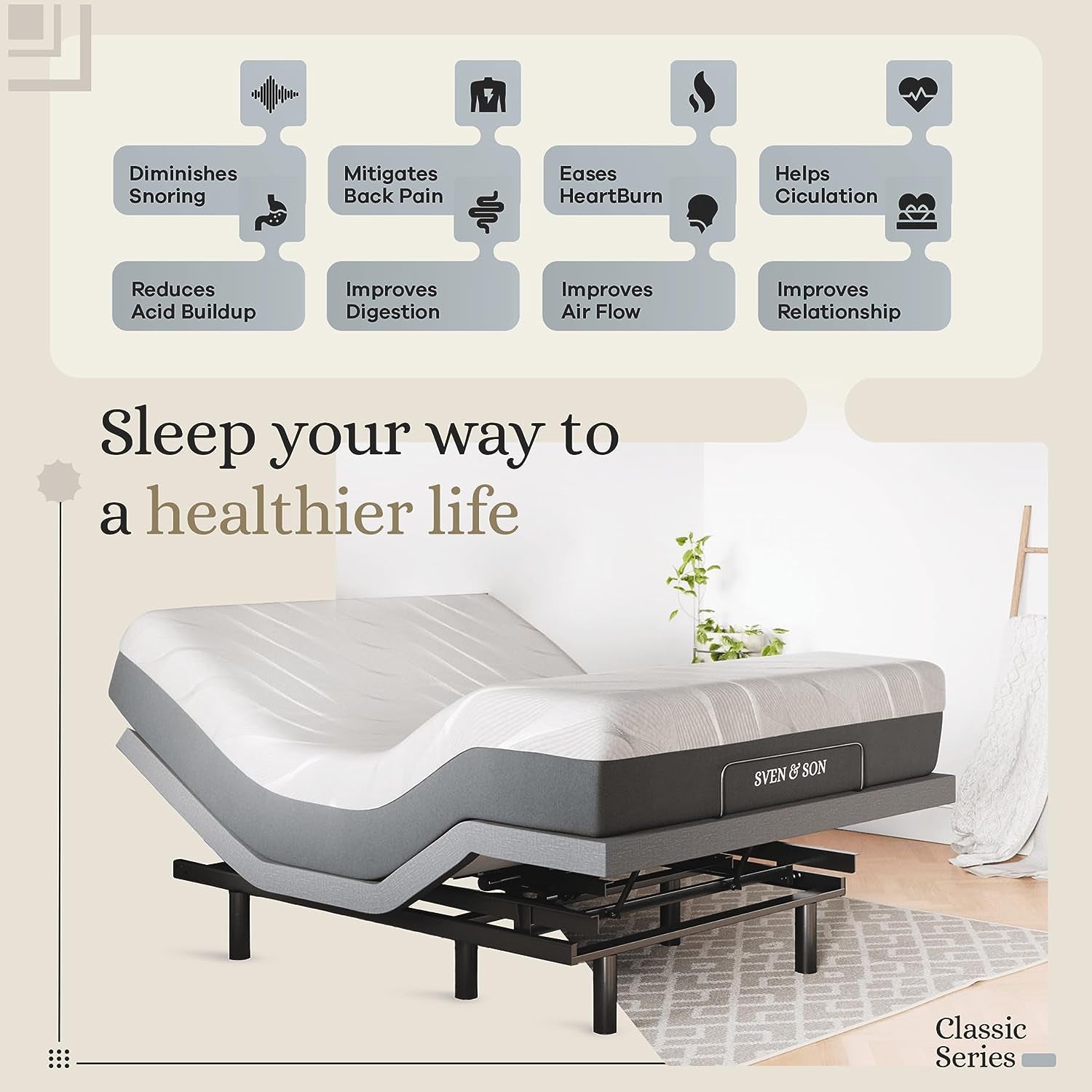 Classic Adjustable Bed Base with Head and Foot Lift, Massage Function, Under-Bed Lighting, USB Ports, Gel Memory Foam, Zero Gravity Smart Frame - Queen Size with 10-Inch Firm Memory Foam Mattress