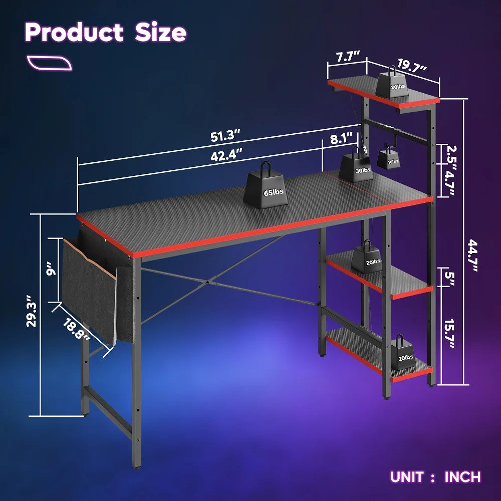 52-Inch Gaming Desk with LED Lighting and Reversible Storage Shelves, Carbon Fiber Computer Desk with Side Storage Bag for Home and Office