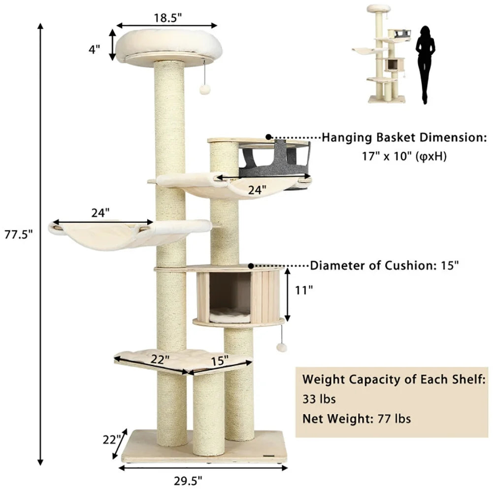 Cat Tower, Cat Tree for Indoor Cats, 77.5-Inch Cat Tree Condo Multi-Level Kitten Activity Tower with Sisal Posts-Cream White for Kittens, Elderly Cats, Adult Cats