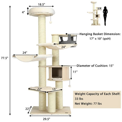Cat Tower, Cat Tree for Indoor Cats, 77.5-Inch Cat Tree Condo Multi-Level Kitten Activity Tower with Sisal Posts-Cream White for Kittens, Elderly Cats, Adult Cats