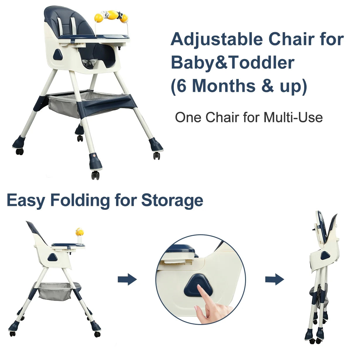 Adjustable 4-in-1 Baby Highchair and Convertible Toddler Dining Chair with 5-Point Safety Harness and Removable Dinner Plate, Blue