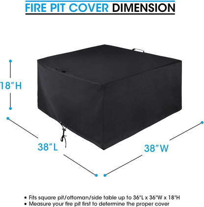 Square Fire Pit Cover 38 Inch, Heavy Duty Waterproof Fire Table Cover, Outdoor Firepit Protector with Drawstring and Handles, All Weather Protection, Black