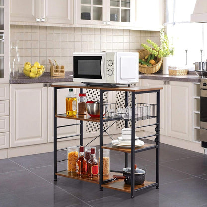 4-Tier Rustic Brown Kitchen Baker's Rack and Coffee Bar with Microwave Stand, Wire Basket, and 6 Side Hooks for Organized Storage of Spices and Utensils