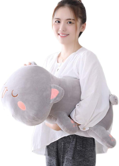 Soft Plush Cat Pillow Toy - 19.6" Kitten Stuffed Animal Gift for Kids (Grey with Round Eyes)