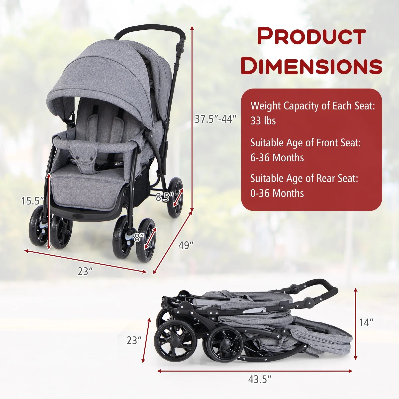 Lightweight Foldable Double Stroller for Infants - Grey Travel Pushchair