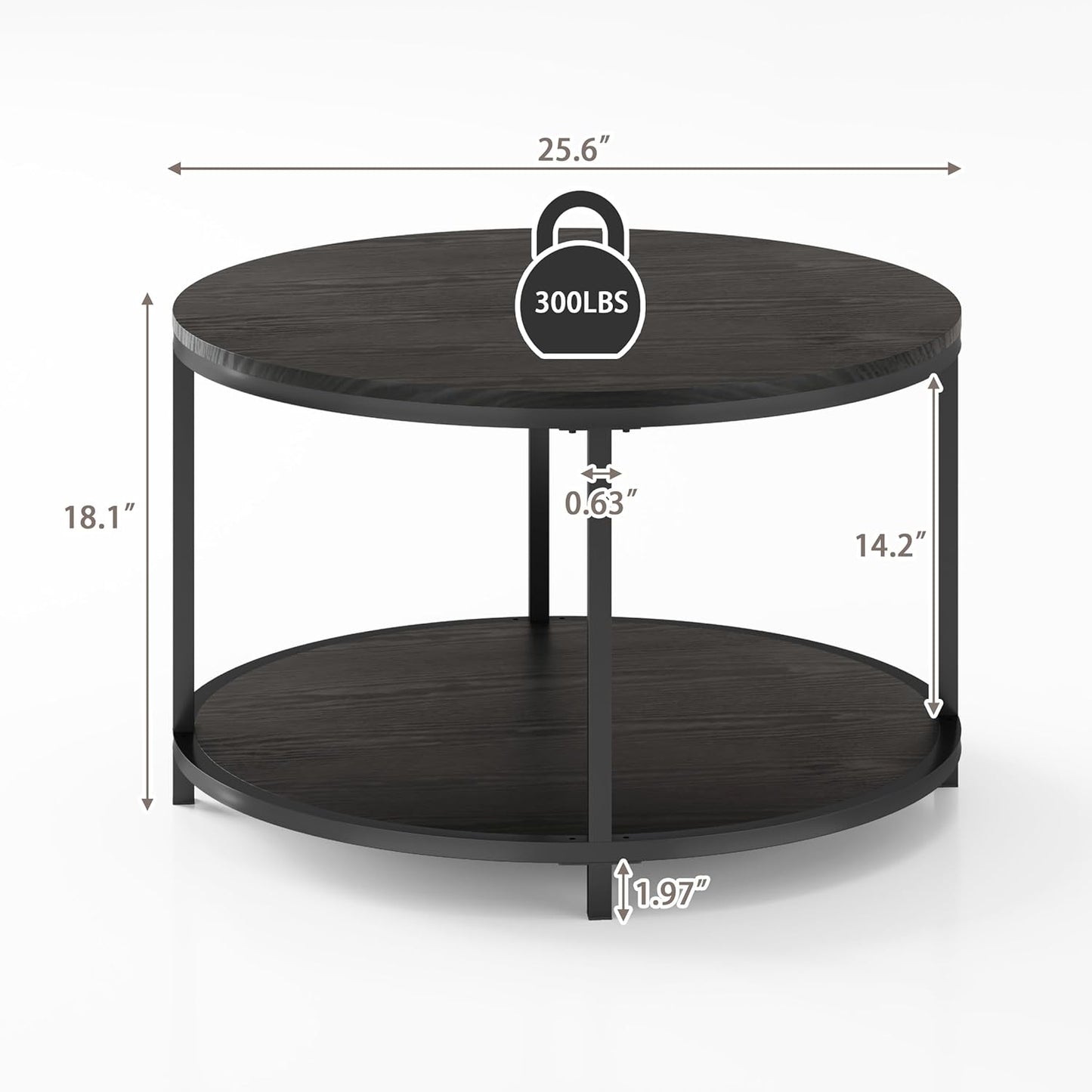 Round Coffee Table - 25.6" Small Rustic Wood Design with 2-Tier Storage Shelf for Living Room Furniture (Black)