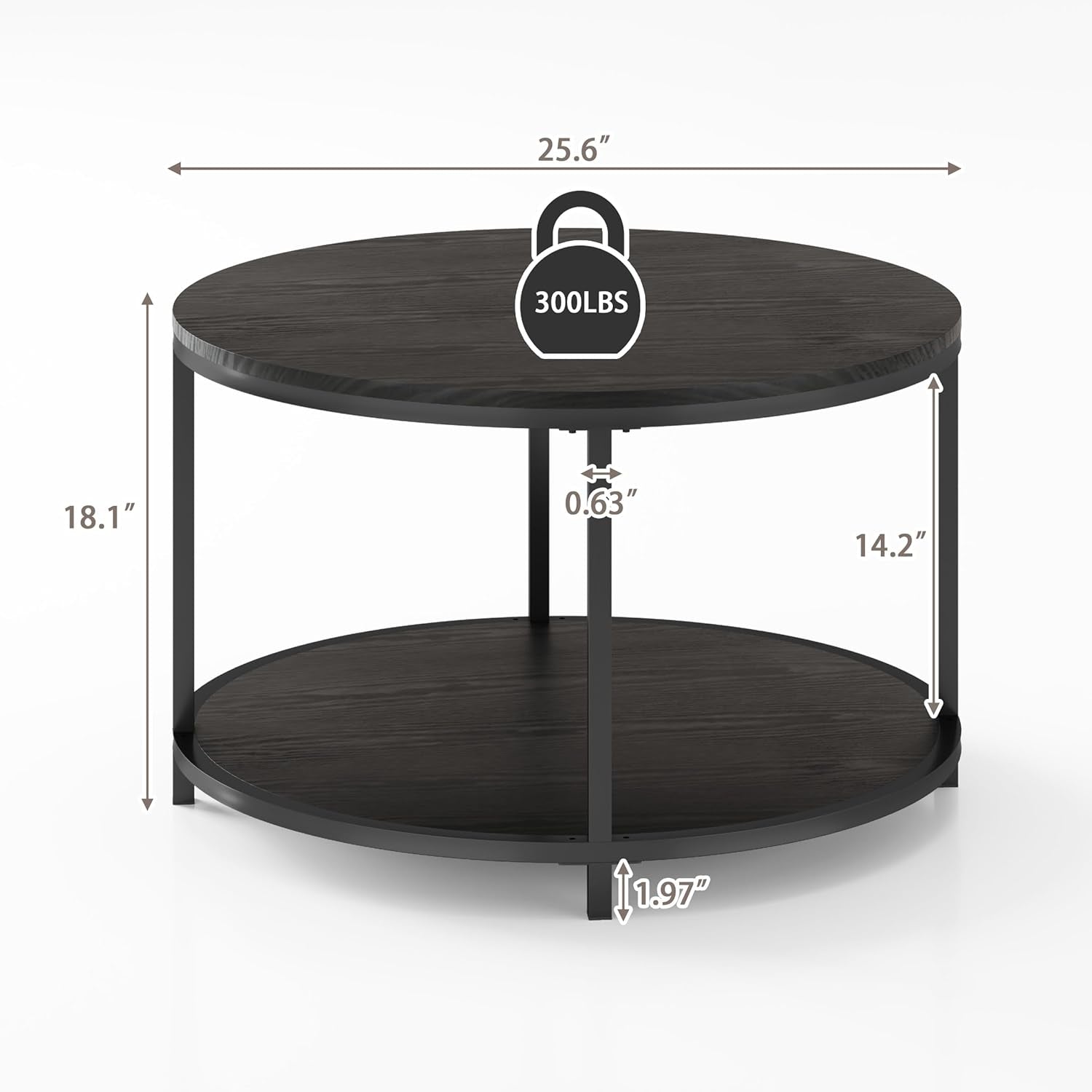 Round Coffee Table - 25.6" Small Rustic Wood Design with 2-Tier Storage Shelf for Living Room Furniture (Black)