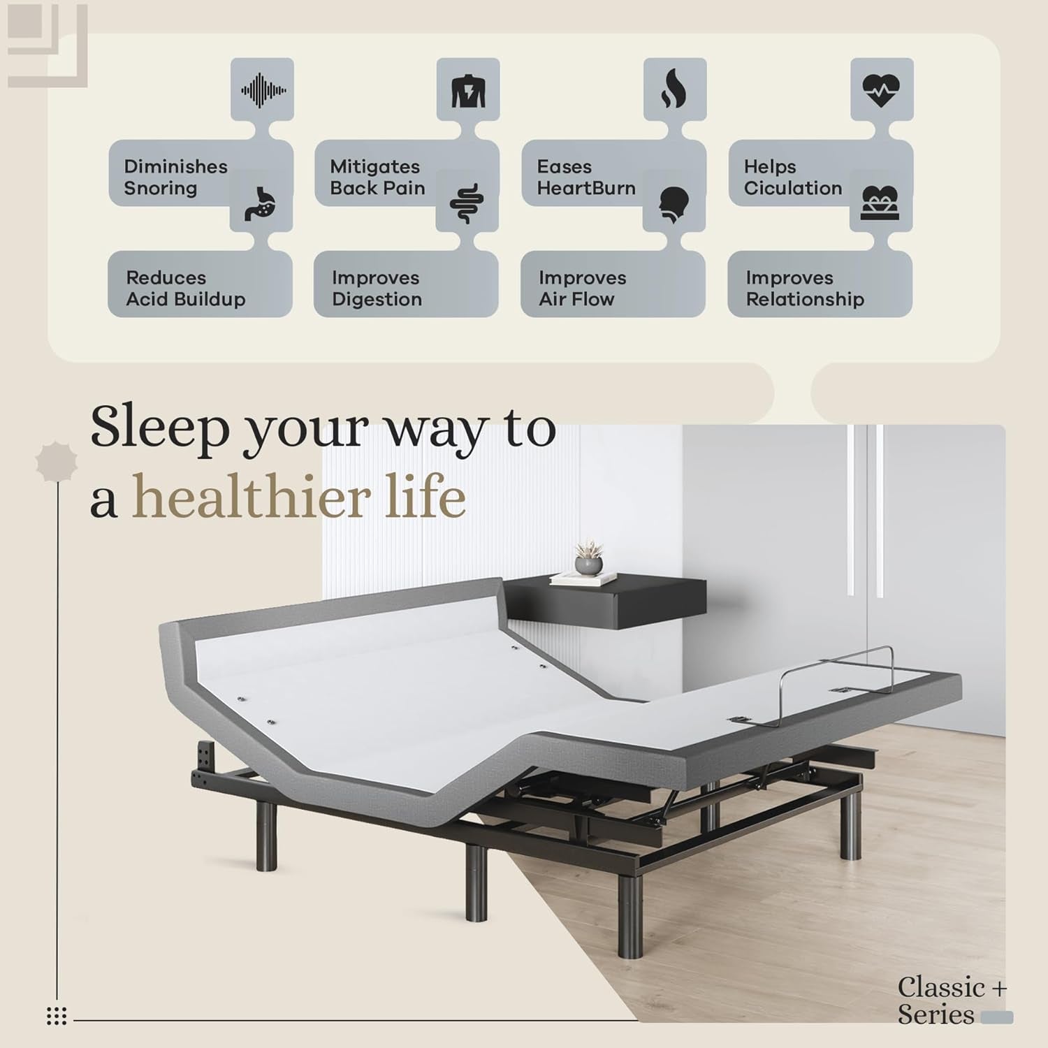 Harmony Adjustable Bed Base, Head and Foot Lift, Massage, Under-Bed Lights, USB, Memory, Zero Gravity Smart Frame - Queen