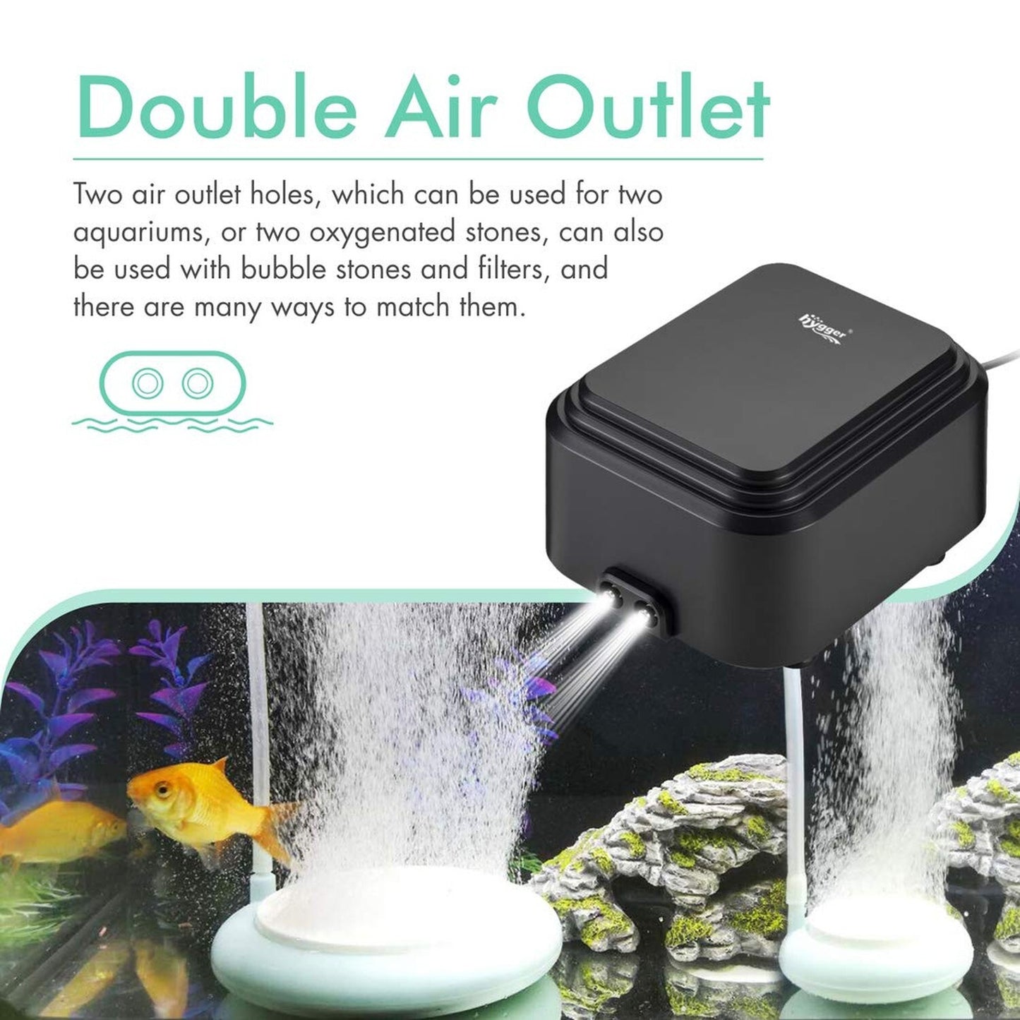 Hygger Quietest Aquarium Air Pump, Adjustable Oxygen Pump 2 Air Outlets Ultra...