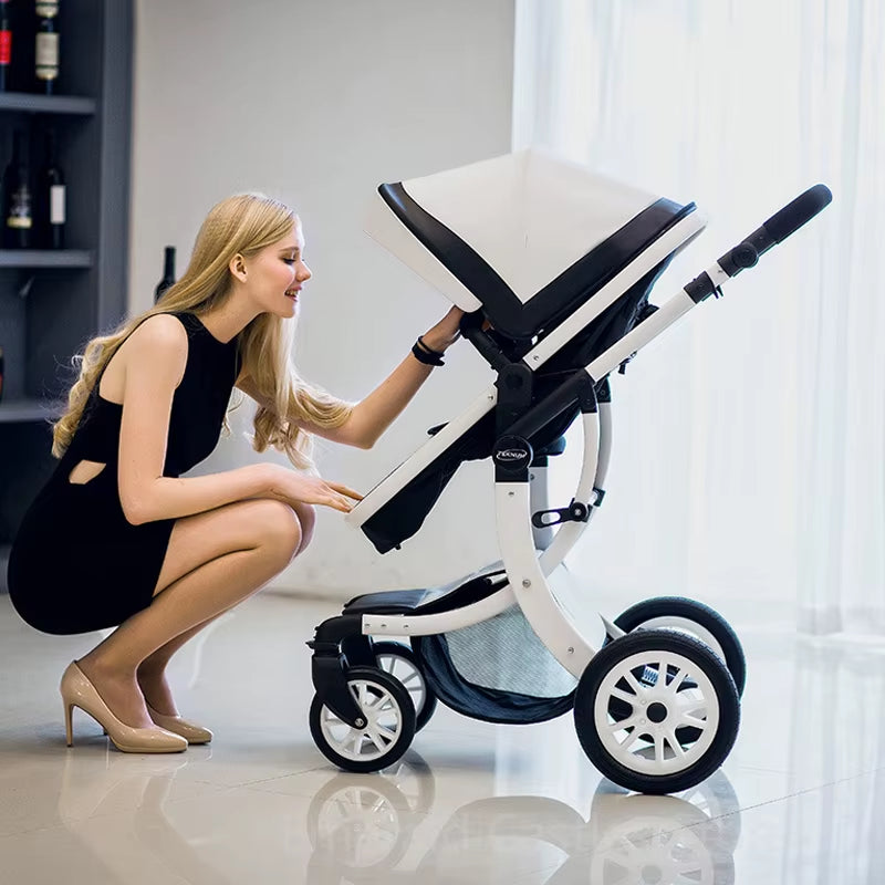 Luxury 3-in-1 Baby Stroller and Car Seat System - 2025 New PU Leather High Landscape Portable Pushchair in White