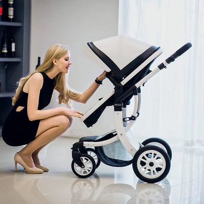 Luxury 3-in-1 Baby Stroller and Car Seat System - 2025 New PU Leather High Landscape Portable Pushchair in White