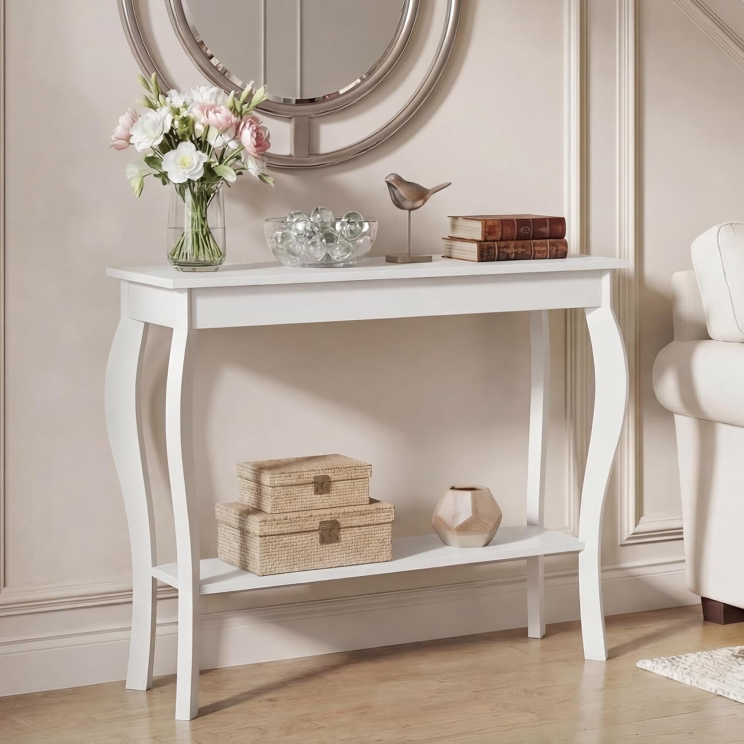 Narrow White Console Table - Elegant Accent Sofa Table for Entryway