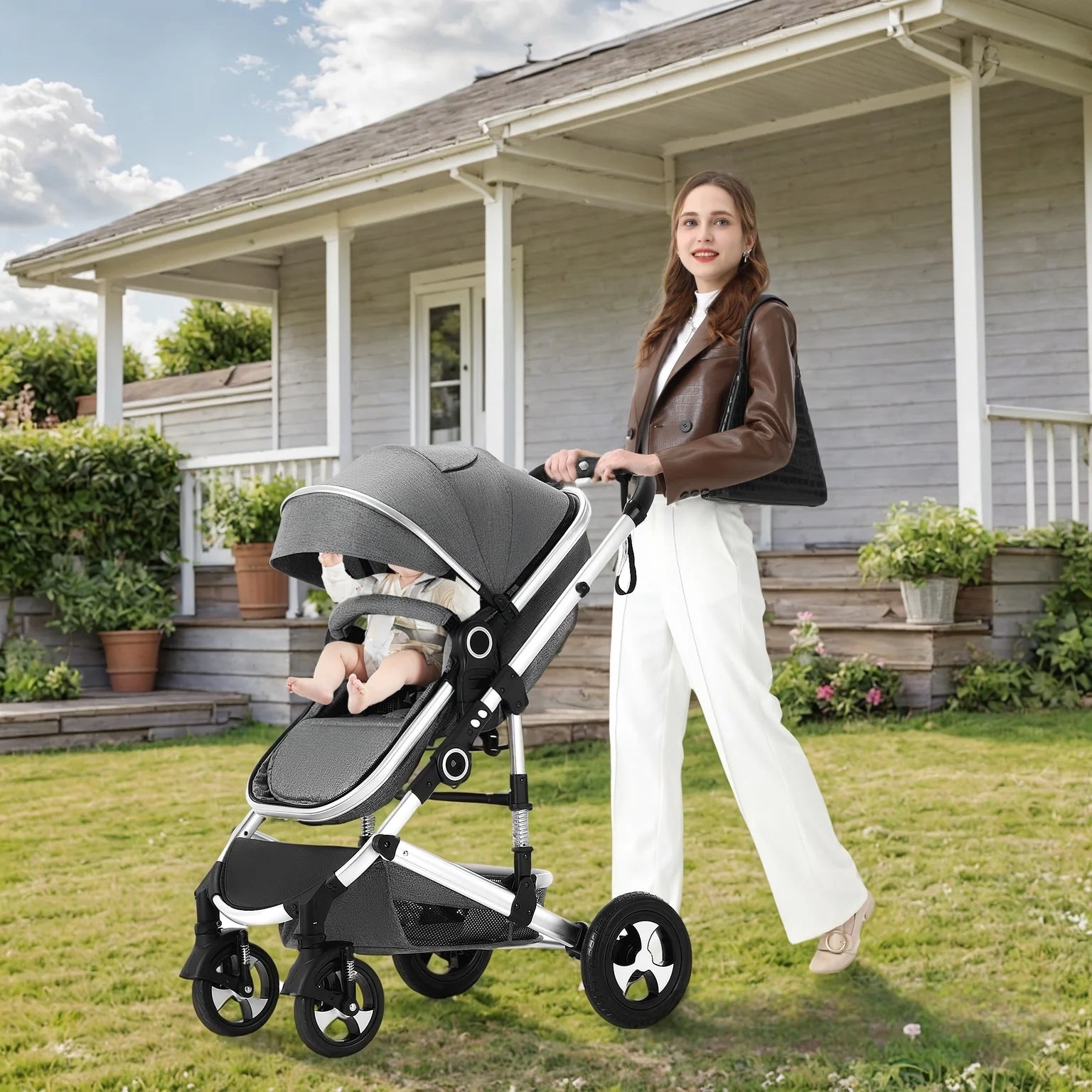 Convertible 3-in-1 Baby Stroller with Spacious Seating and Adjustable Canopy, 24 lbs, Dark Grey