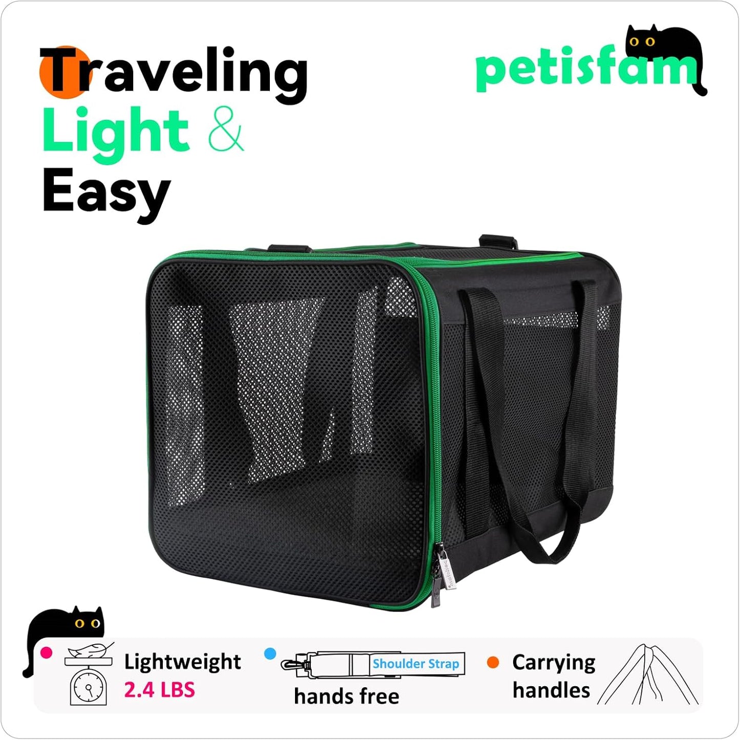 Quick-In Pet Carrier for Cats. 360° Airy Mesh Windows Let Fur-Kids See You & Breath Easy, Reduce Travel Anxiety. Rip-Stop Fabric & Lockable Zips Hug Securely. Washable Pad. Adjustable Shoulder Strap