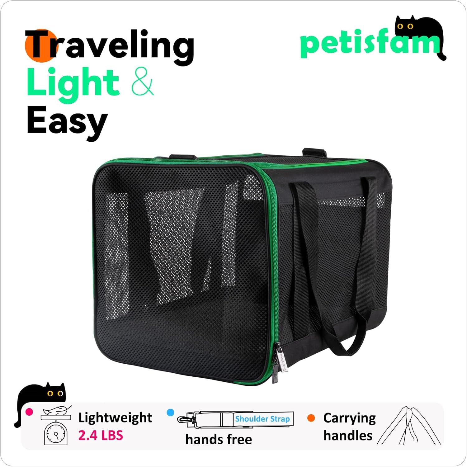 Quick-In Pet Carrier for Cats. 360° Airy Mesh Windows Let Fur-Kids See You & Breath Easy, Reduce Travel Anxiety. Rip-Stop Fabric & Lockable Zips Hug Securely. Washable Pad. Adjustable Shoulder Strap