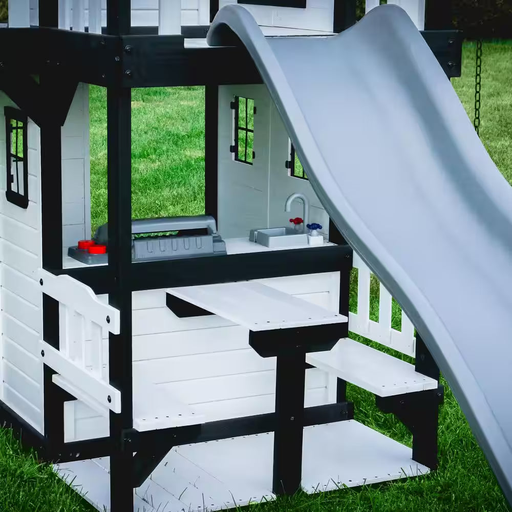 Canyon Creek White Outdoor Kid'S Playground Set W/ Rock Wall, Wave Slide, Web Swing, and Playset Kitchen