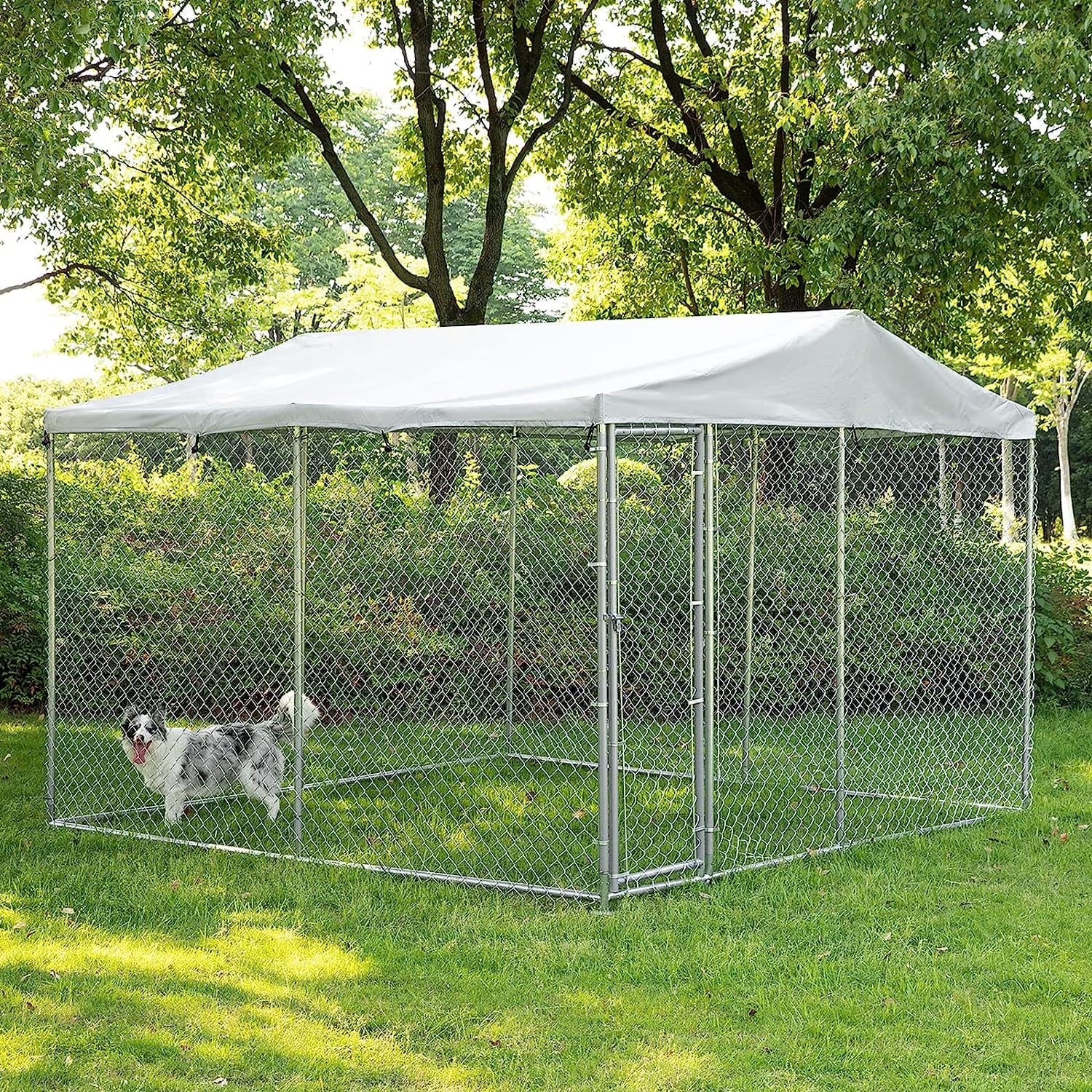 Large Outdoor Dog Kennel, Heavy Duty Dog House Playpen Galvanized Steel Pet Fence with Fully Enclosed Waterproof Uv-Resistant Cover, Stainless Steel Zip Ties and Secure Lock