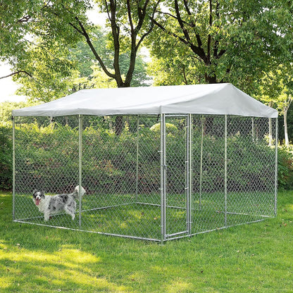 Large Outdoor Dog Kennel, Heavy Duty Dog House Playpen Galvanized Steel Pet Fence with Fully Enclosed Waterproof Uv-Resistant Cover, Stainless Steel Zip Ties and Secure Lock