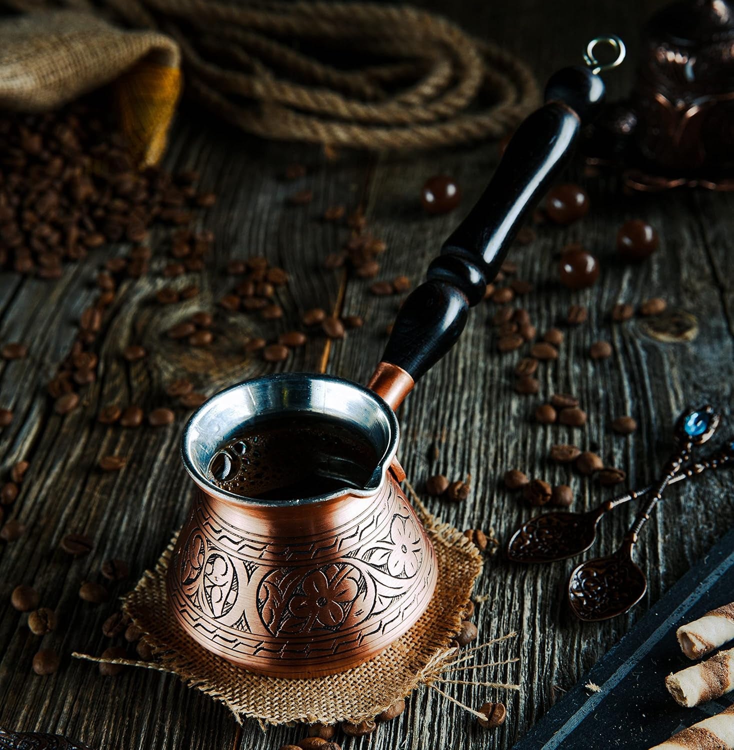 Thickest Copper Turkish Greek Arabic Coffee Pot, Stovetop Coffee Maker, Cezve Ibrik Briki with Wooden Handle & Spoon, Hand Engraved (Matte Copper, 9 Ounces)