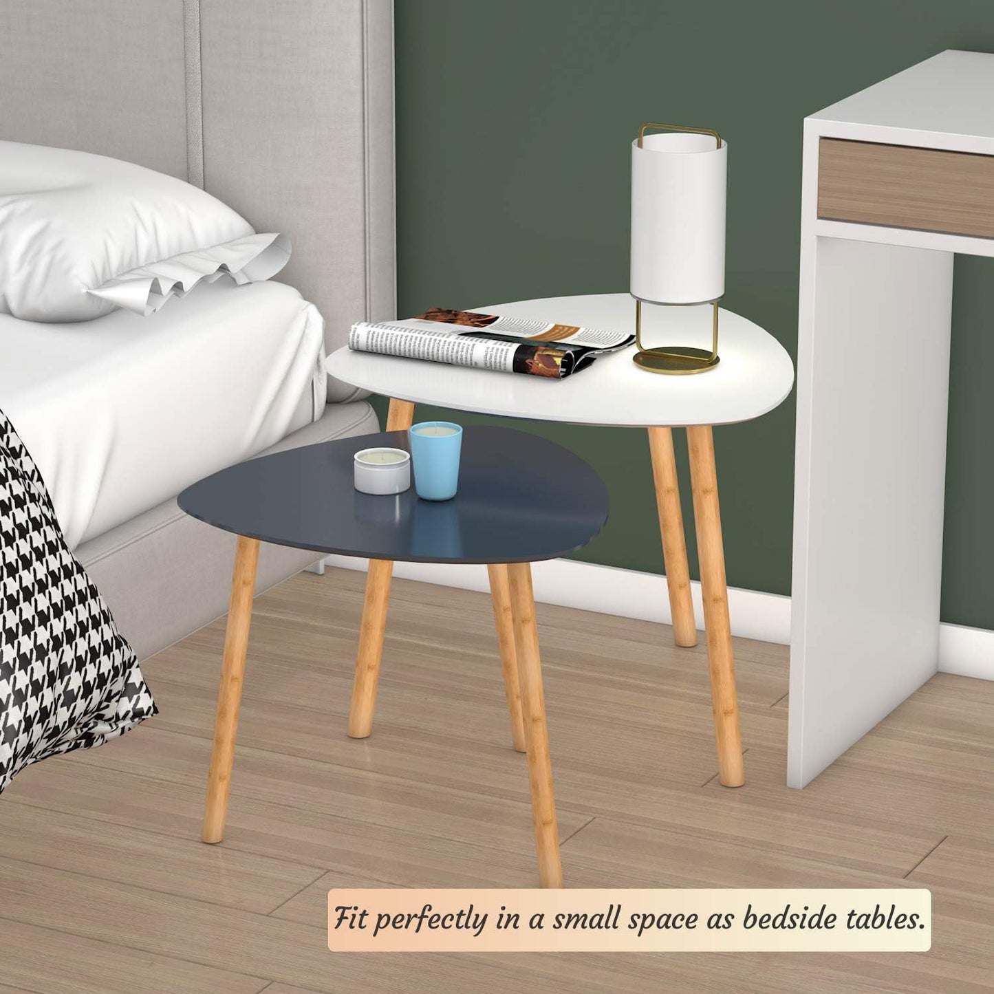 Bamboo Nesting Coffee Tables - Set of 2 Modern Triangle End Tables for Living Room, Bedroom, and Small Spaces (White & Gray)