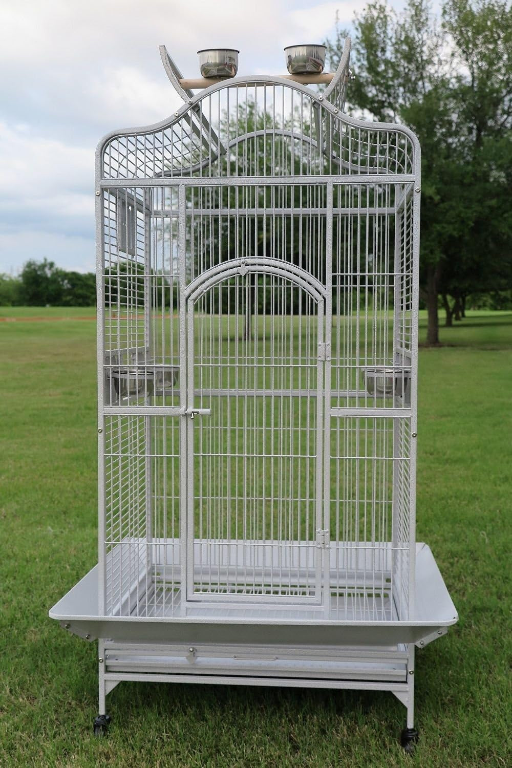 New Large Wrought Iron Open/Close Dome Play Top Bird Parrot Cage, Include Metal Seed Guard (28" W X22 D X 62" H White Vein)