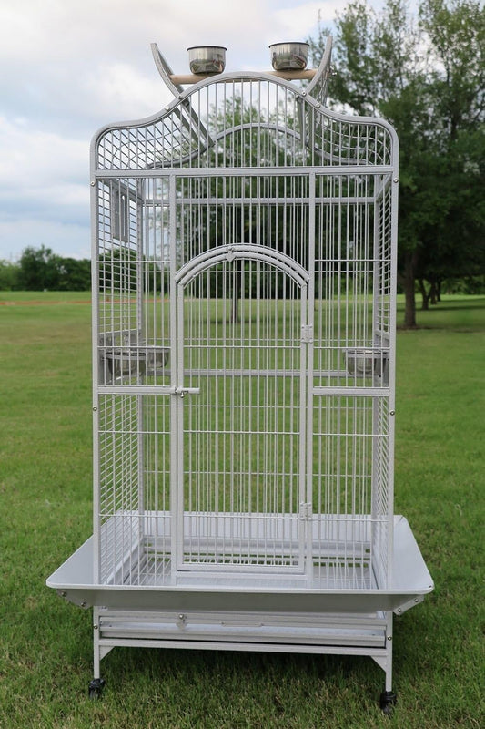 New Large Wrought Iron Open/Close Dome Play Top Bird Parrot Cage, Include Metal Seed Guard (28" W X22 D X 62" H White Vein)