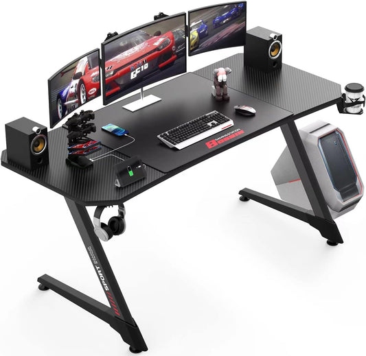 55-Inch Ergonomic Gaming Desk - Z-Shaped Office PC Desk with Mouse Pad, Gaming Handle Rack, Cup Holder, and Headphone Hook