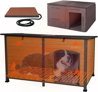 Extra Large Heated Dog House Outdoor Wooden Dog Kennel 59" Insulated with Heater All-Around Iron Frame