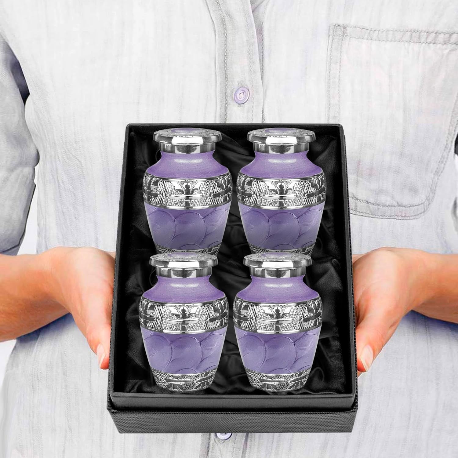 Small Urns for Human Ashes Keepsake, Decorative Mini Cremation Urn for Adult Men & Women, Set of 4, Purple with Silver Lining
