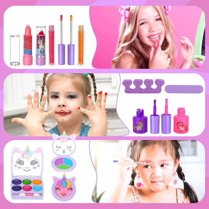 Kids Washable Makeup Set with Un-Icorn Case for Girl Birthday Gift Toy for 3-12 Year Old
