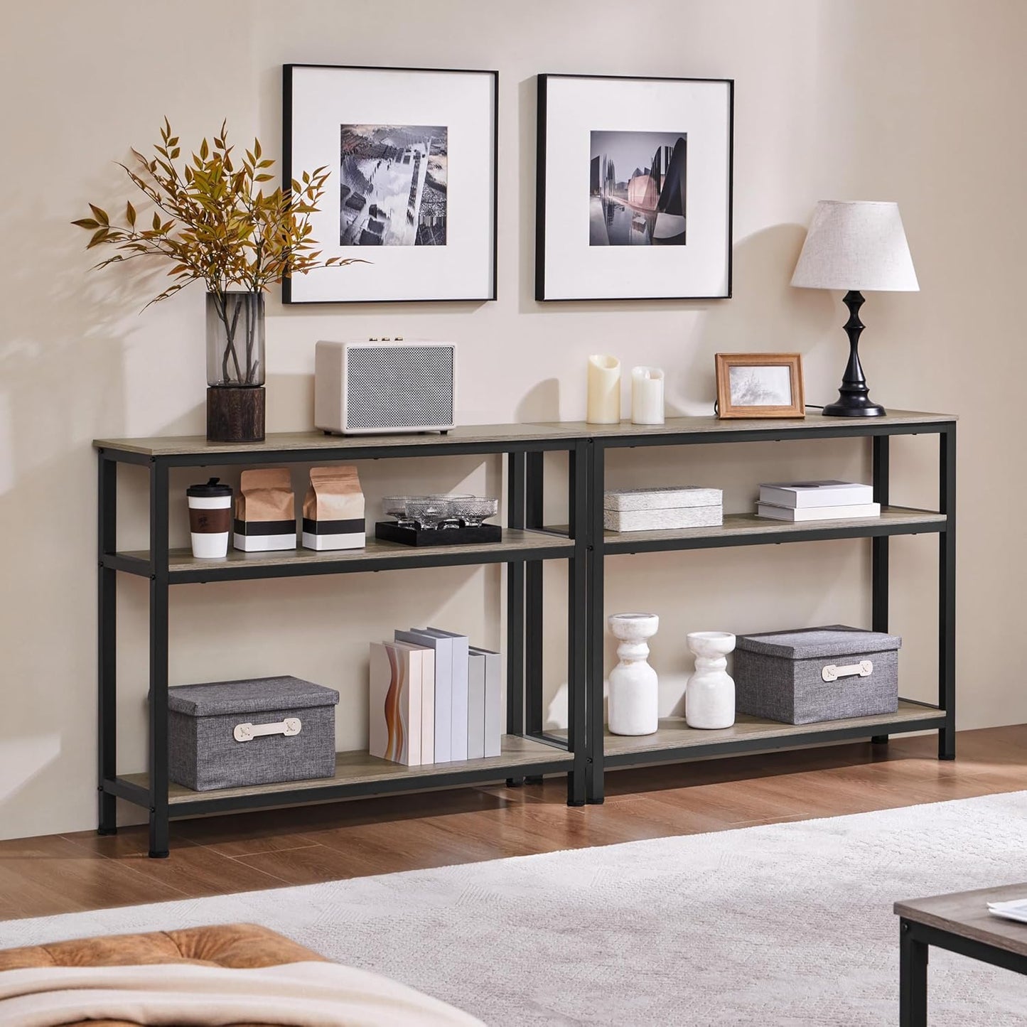 40-Inch Console Table with Storage Shelves and Metal Frame, Gray Wood Entryway and Living Room Table