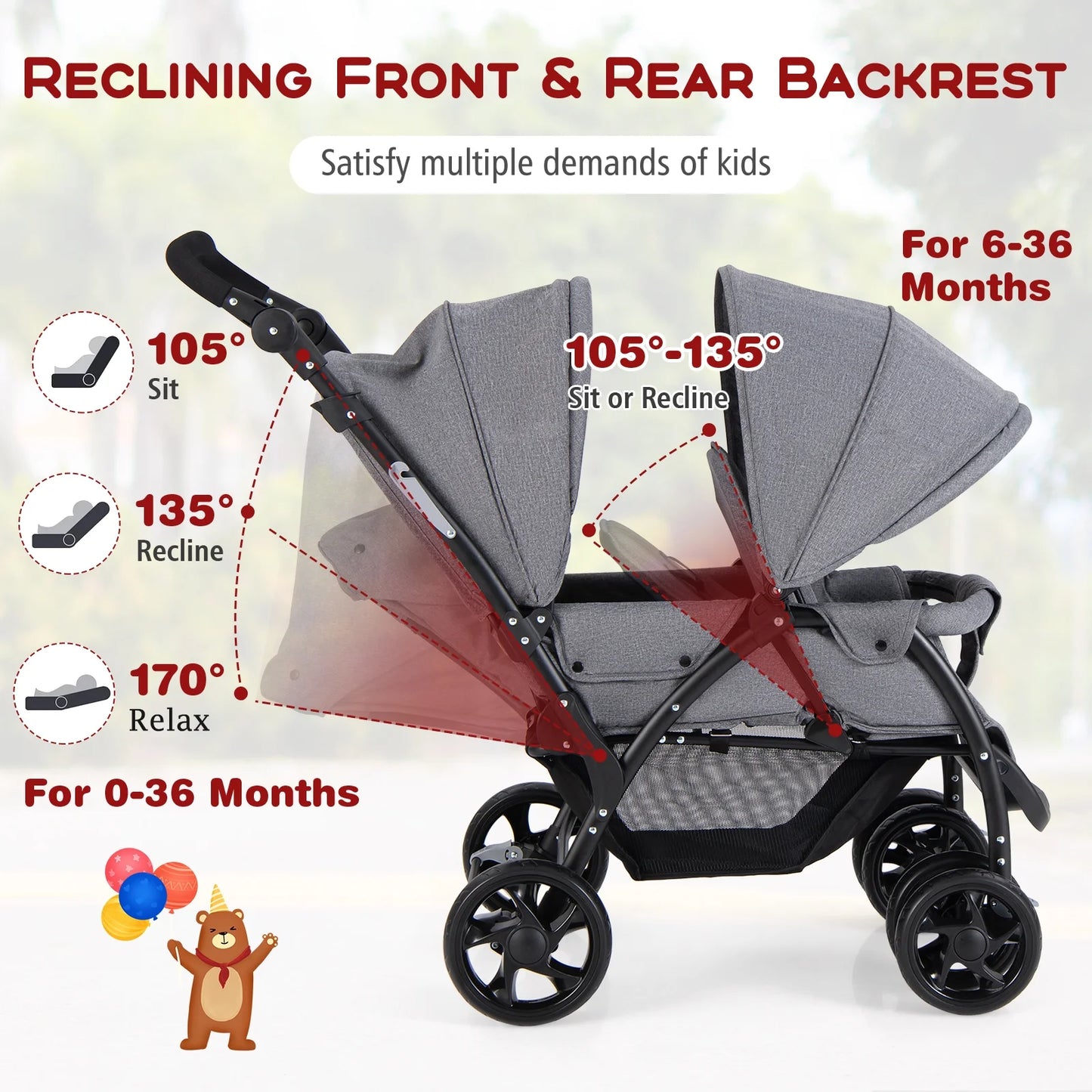 Lightweight Foldable Double Stroller for Infants - Grey Travel Pushchair
