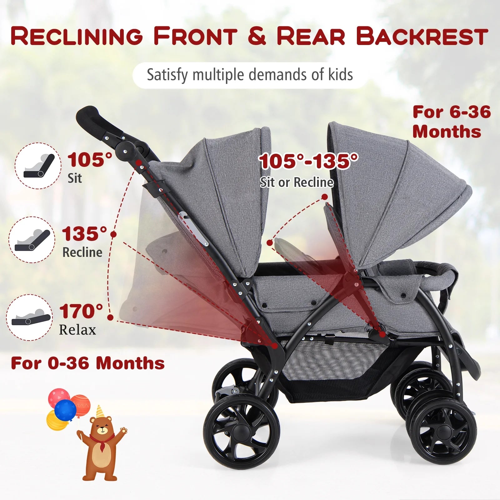 Lightweight Foldable Double Stroller for Infants - Grey Travel Pushchair