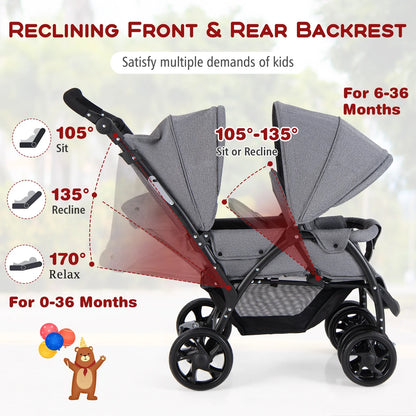 Lightweight Foldable Double Stroller for Infants - Grey Travel Pushchair
